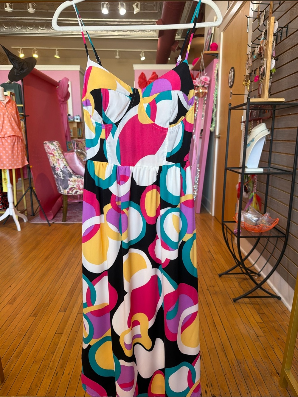 Timing Bold Geometric Maxi Dress in Pink, Yellow, Teal and Black